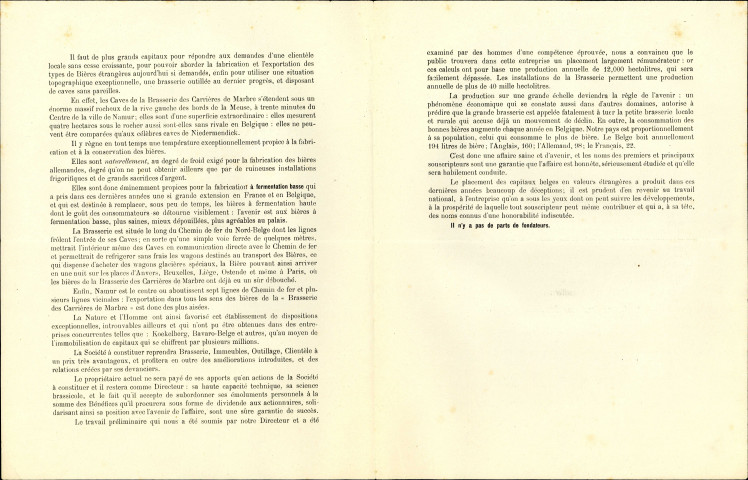 Avis de souscription publique d'actions de la Société anonyme des Brasserie et Malterie des Carrières de Marbre de Bouge. Cette augmentation de capital date de 1893.