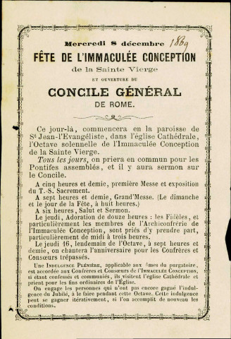 Annonce de l'Octave solennelle de l'Immaculée Conception de la sainte Vierge qui commencera, selon une mention manuscrite, le 8 décembre 1869, en la paroisse de Saint-Jean-l'Évangéliste, dans la cathédrale.