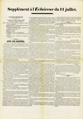 Supplément à L'Éclaireur du 11 juillet 1848 appelant à voter pour les candidats libéraux.