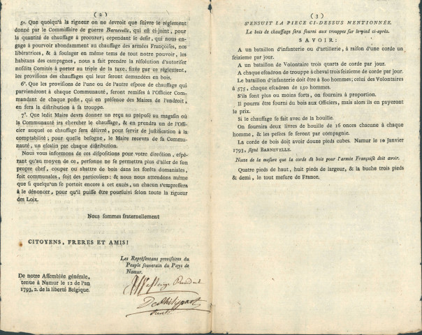 Annonce des représentants provisoires du peuple souverain du pays de Namur aux citoyens de la province de Namur sur les modalités de fourniture du bois de chauffage aux troupes