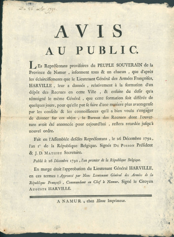 Avis au public de l'Assemblée des représentants de Namur sur le report par le lieutenant-général Harville de l'ouverture d'un bureau des recrues