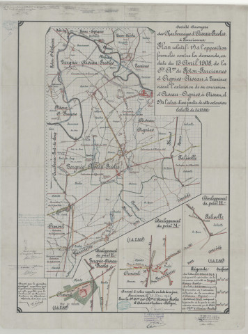 Société Anonyme des Charbonnages d'Aiseau-Presles à Farciennes. Plan relatif : 1° à l'opposition formulée contre la demande, en date du 13 avril 1908, de la Sté Ame de Roton-Farciennes et Oignies-Aiseau, à Tamines, visant l'extension de sa concession d'Aiseau-Oignies, à Aiseau, et 2° à l'octroi d'une partie de cette extension.