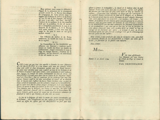 Courrier des députés des trois ordres de l'état du pays et comté de Namur invitant les officiers de justice ou de police, mayeurs et échevins des Villes, bourgs et villages de la province de Namur à fournir des recrues pour les régiments nationaux des Pays-Bas. Conditions des engagements.