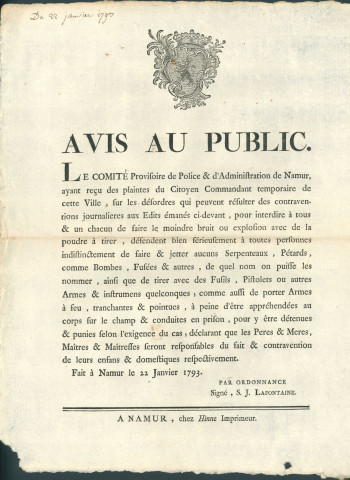 Avis au public du Comité provisoire de police et d'administration de Namur sur l'interdiction de l'usage d'armes à feu (signé S.J. Lafontaine).