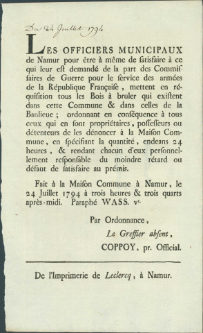 Annonce des officiers municipaux de Namur réquistionnant tous les "bois à brüler" pour les armées de la République. Signé Coppoy.