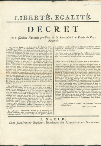 Décret de l'Assemblée nationale provisoire de la souveraineté du peuple du pays de Namur pubiant la déclaration du citoyen Falmagne, curé de Bois-de-Villers, revenant sur ses déclarations à l'encontre des Français. Signé N. Tassin président, J.F.J. Pirmez vice-président ; Tarte junior, Quevreux, N. Boens, Henseval secrétaires.