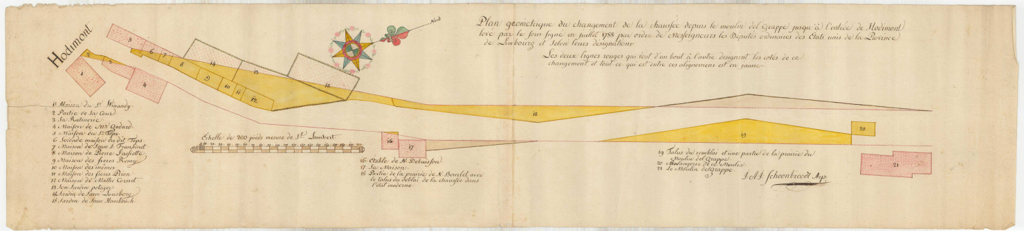 "Plan géometrique du changement de la chaussée depuis le moulin del Grappe jusqu'à l'entrée de Hodimont..."