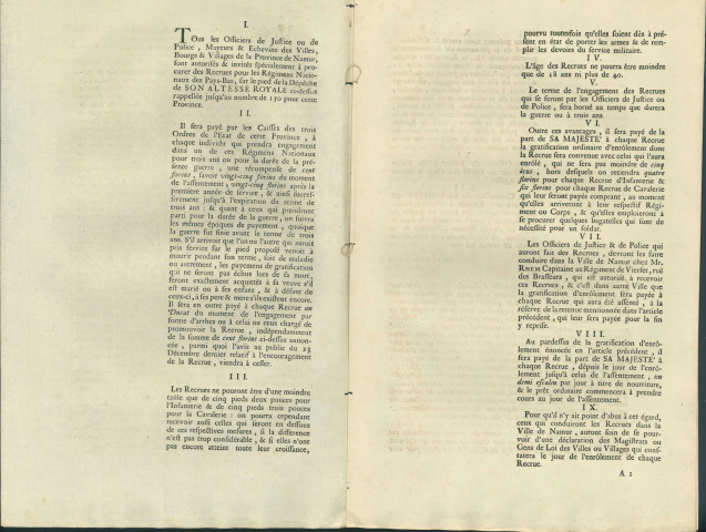Courrier des députés des trois ordres de l'état du pays et comté de Namur invitant les officiers de justice ou de police, mayeurs et échevins des Villes, bourgs et villages de la province de Namur à fournir des recrues pour les régiments nationaux des Pays-Bas. Conditions des engagements.