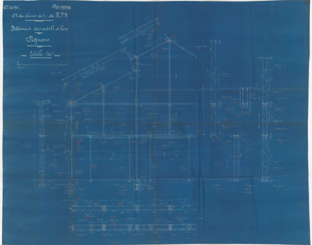 Société du chemin de fer , Rosario - Puerto Belgrano. Bâtiment des outils à bois. Pignon.