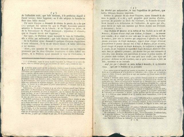Extrait du procès-verbal de l'Assemblée de la section de Sainte-Gudule à Bruxelles tenue le 29 décembre 1792 suite à la proclamation du général Dumouriez