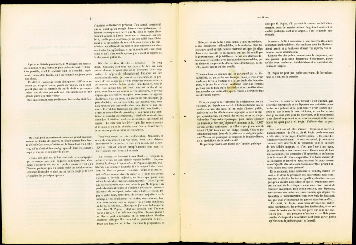 Réponse de F. Wasseige, conseiller communal de Namur, au discours de l'échevin des Travaux publics Nicolas-Lambert Pépin, prononcé à la suite des observations que le premier a présentées sur le chapitre de la voirie, chemins et promenades des comptes communaux.