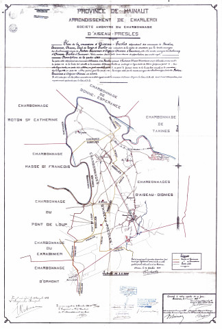 Plan de la concessionn d'Aiseau-Presles dépendant des communes de Roselies, Farciennes, Aiseau, Pont de Loup et Presles avec indication de la partie de concession que la société anonyme des charbonnages réunis de Roton-Farciennes et Oignies-Aiseau à Tamines, cède à la société anonyme du charbonnage d'Aiseau-Presles à Farciennes