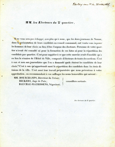 Lettre aux électeurs du deuxième quartier leur demandant de voter pour Henri Douxchamps, François-Joseph Beckers et Héliodore-Antoine Bauchau-Maurissens.