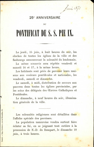 Programmes des manifestations religieuses qui seront organisées en l'honneur du 25e anniversaire du pontificat de Pie IX. Une mention manuscrite date le document de juin 1871.