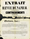 Affiche avec un extrait de La Revue de Namur intitulé : « Contredémenti (sic) officiel au prétendu démenti officiel. » Cet extrait concerne la diminution de la garnison de Namur suite au mauvais état du casernement.