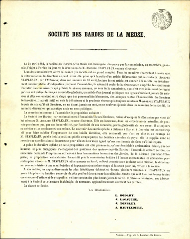 Compte rendu de l'assemblée générale extraordinaire du 21 avril 1862 dont l'ordre du jour est la démission du directeur, Adolphe Stapleaux.