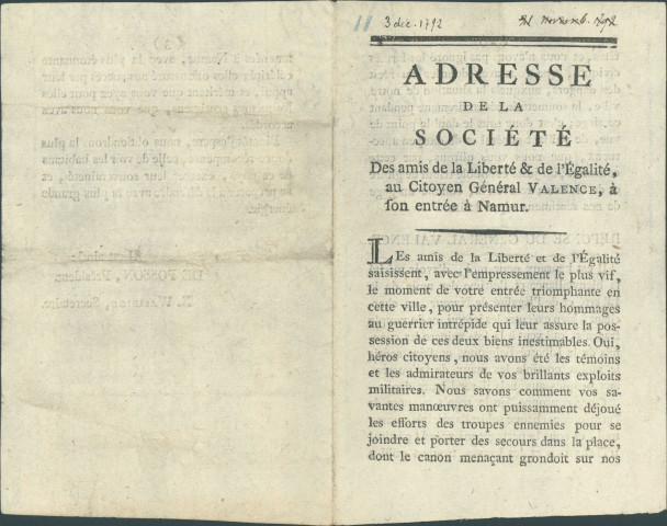 Adresse de la Société des Amis de la Liberté et de l'Egalité au citoyen général Valence à son entrée à Namur. Réponse du général Valence (signé président De Posson, secrétaire X. Wasseige)
