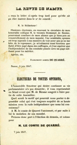 Deux documents, dont une lettre du comte Florimond de Quarré, appelant à voter pour ce dernier.