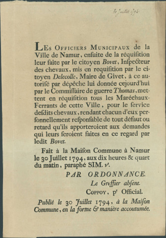 Annonce des officiers municipaux de Namur réquisitionnant tous les maréchaux-ferrants de la ville. Demande du citoyen Bovet, inspecteur des chevaux. Signé Coppoy.