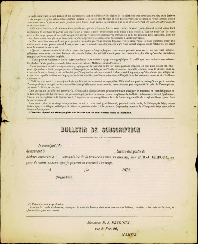 Bulletin de souscription à la Sténographie française, ouvrage écrit par D.-J. Bridoux, de Namur.