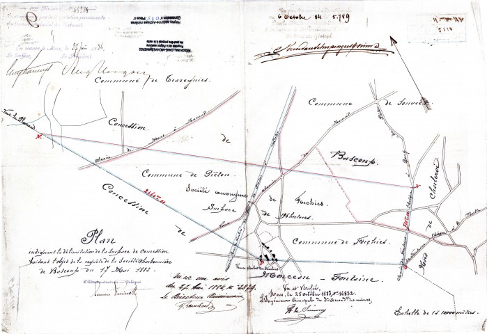 Plan indiquant la délimitation de la surface de concession faisant l'objet de la requête de la Société Charbonnière de Bascoup du 17 Mai 1883.