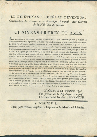 Proclamation du lieutenant-général Leveneur invitant la population namuroise à élire ses magistrats