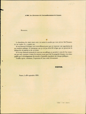 Trois tracts électoraux de François-Adrien Piéton. (un tract date 20 septembre 1851 ; les autres ne sont pas datés)