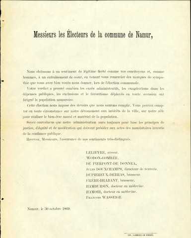 Remerciements des électeurs par les candidats libéraux élus. (30 octobre 1869)