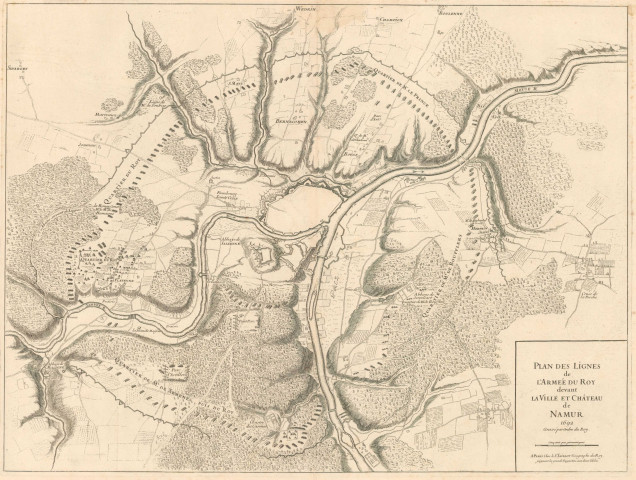 Plan des Lignes de l'Armée du Roy devant la Ville et Château de Namur 1692
Grvé par Ordre du Roy.
A Paris Chez le Sr. Jaillot, Géographe du Roy, joignant les grands Augustins, aux deux Globes.