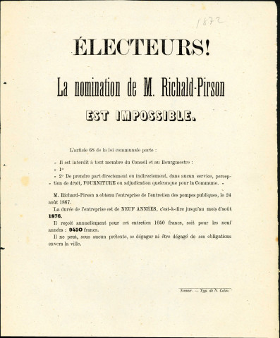 Tract selon lequel la nomination du négociant Richald-Pirson est impossible.