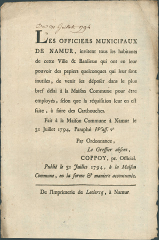 Annonce des officiers municipaux de Namur invitant les habitants à déposer du papier à la Maison commune pour faire des cartouches. Signé Coppoy.