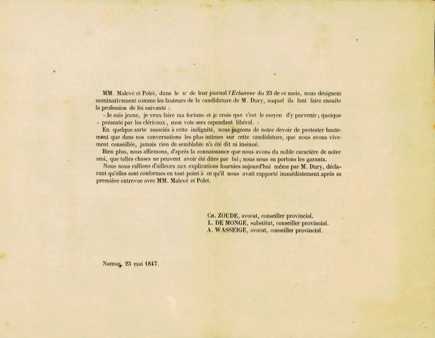 Réponse de Charles Zoude, L. de Monge, substitut et conseiller provincial, et Armand Wasseige à un article du journal L'Éclaireur dans lequel ils sont désignés «comme les fauteurs de la candidature de M. Dury