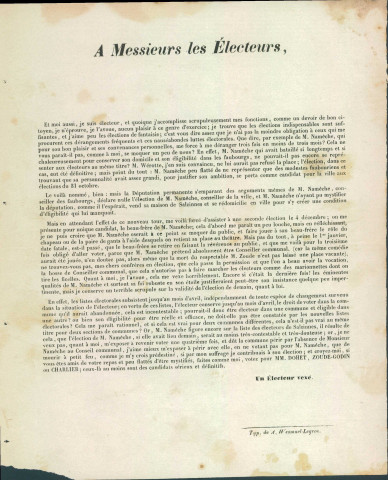 Lettre d'« un Électeur vexé » anonyme appelant les autres électeurs à voter pour Martin Dohet, Dieudonné Zoude-Godin et Charlier.