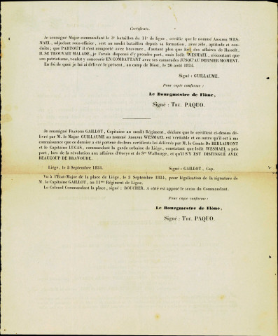 Document dans lequel Adolphe Wesmael-Legros répond aux attaques qu'il doit subir de la part de certains, dans le cadre de sa candidature au grade de capitaine des Gardes civiques de la 2e compagnie.