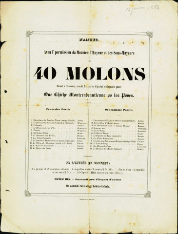 Affiche annonçant une soirée « moncrabeautienne » qui sera donnée, le 24 janvier 1854, au profit des pauvres.