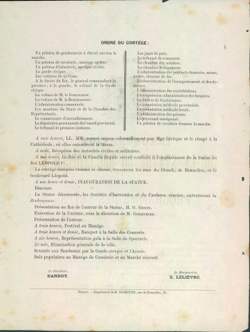 Programme des fêtes qui auront lieu le 10 octobre 1869, à l'occasion de l'inauguration de la statue de Léopold Ier.