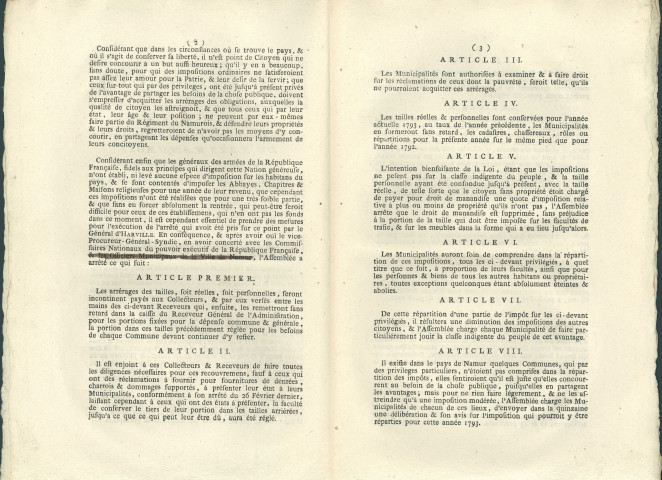 Arrêté de l'administration provisoire du pays namurois sur le paiement des impôts. Signé tous les membres de l'assemblée.