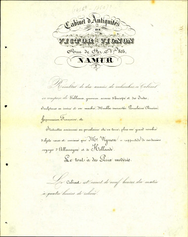 Prospectus publicitaire pour le cabinet d'antiquités de Victor Vignon (rue de Fer, 803 à Namur).