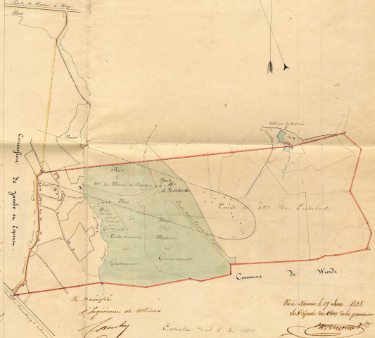 Plan des terrains situés sur les Communes de Loyers et Erpent demandés par Mr le Comte de Liedekerke, Gouverneur de la Province de Liége, En Extension de sa concession sur Jambes et Erpent.