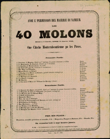 Affiche annonçant une soirée « moncrabeautienne » qui sera donnée, le 24 janvier 1856, au profit des pauvres.