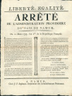 Arrêté de l'administration provisoire du pays de Namur sur les retards des municipalités à exécuter les ordres reçus (fourniture de chevaux, chariots, travailleurs). Signé N. Tassin président, Quevreux secrétaire-général.