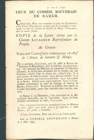 Annonce du Conseil souverain de Namur publiant copie de la lettre adressée par le citoyen Levasseur représentant du peuple au citoyen Vaillant commissaire ordonnateur en chef de l'armée de Sambre et Meuse concernant les chevaux réquisitionnés.
