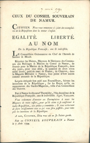Annonce du Conseil souverain de Namur publiant copie de la lettre du commissaire ordonnateur de l'armée de Sambre et Meuse Vaillant requérant des mayeurs et habitants des communes la livraison de 200.000 livres de chanvre au magasin militaire de Namur.