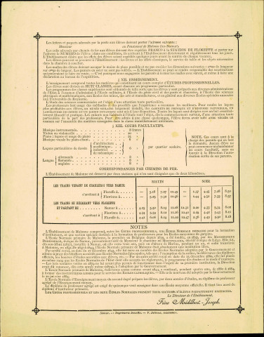 Prospectus publicitaire pour le pensionnat Saint-Berthuin, à Malonne. Une lithographie représentant l'abbaye et signée V. Persenaire de Bruxelles, occupe la première page du prospectus.