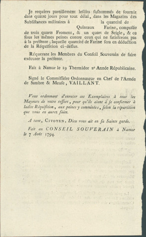 Annonce du Conseil souverain de Namur publiant copie de la réquistion du commissaire ordonnateur de l'armée de Sambre et Meuse Vaillant requérant des mayeurs et habitants des communes la livraison de céréales.