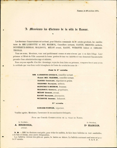 Appel à voter pour les candidats des Comités conservateurs de la ville de Namur.