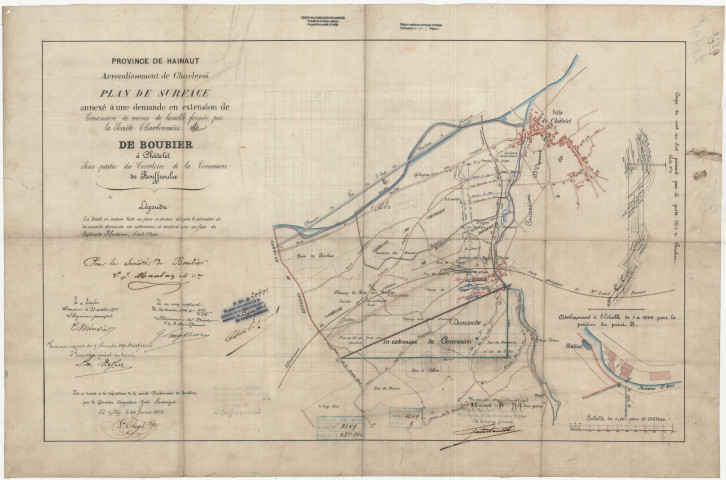 Plan de surface annexé à une demande en extension de Concession de mines de houille formée par la Société Charbonnière de Boubier à Châtelet sous partie du territoire de la Commune de Bouffioulx.