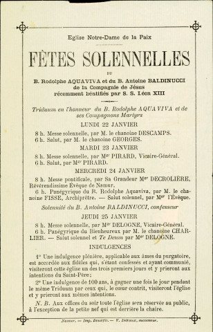 Programme des fêtes solennelles organisées, du 22 janvier 1894 (?) au 25 janvier 1894 (?), dans l'église Notre-Dame de la Paix de Namur.