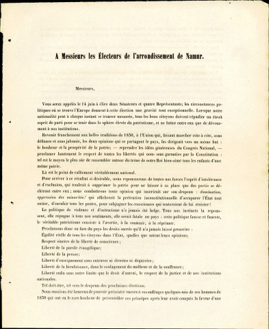 Appel à voter pour les candidats de l'Union constitutionnelle et conservatrice de l'arrondissement de Namur.