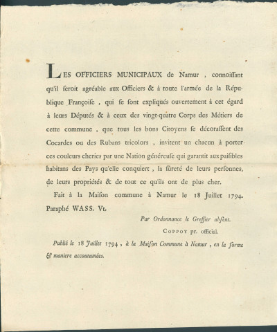 Annonce des officiers municipaux de Namur invitant les citoyens à porter des cocardes et rubans tricolores. Signé Coppoy.
